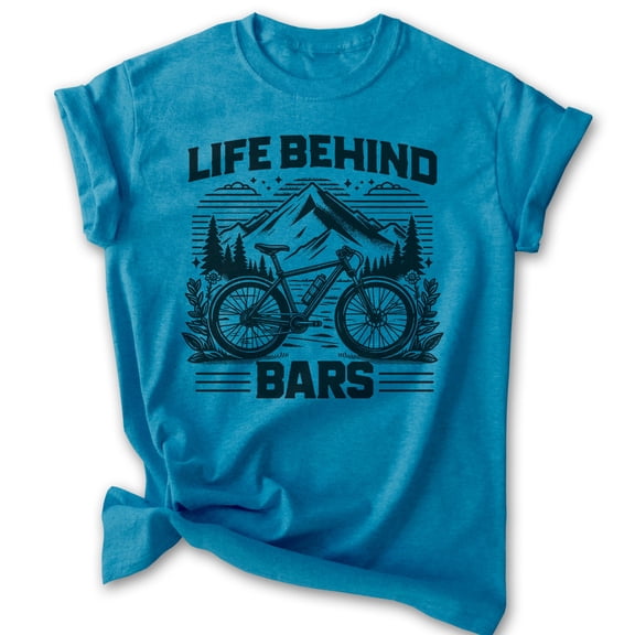 Life Behind Bars Bike T-shirt, Unisex Women's Men's Bicycle Cycling Mountain Bike Exercise Outdoors, Heather Blue, Medium