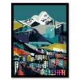 thumbnail image 1 of Life Beneath the Summit Colourful Artwork Townscape by Alpine Mountains Landscape Artwork Framed Wall Art Print A4, 1 of 5