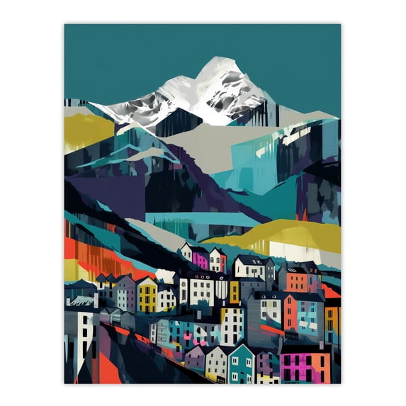 Life Beneath the Summit Colourful Artwork Townscape by Alpine Mountains Landscape Large Wall Art Poster Print Thick Paper 18X24 Inch