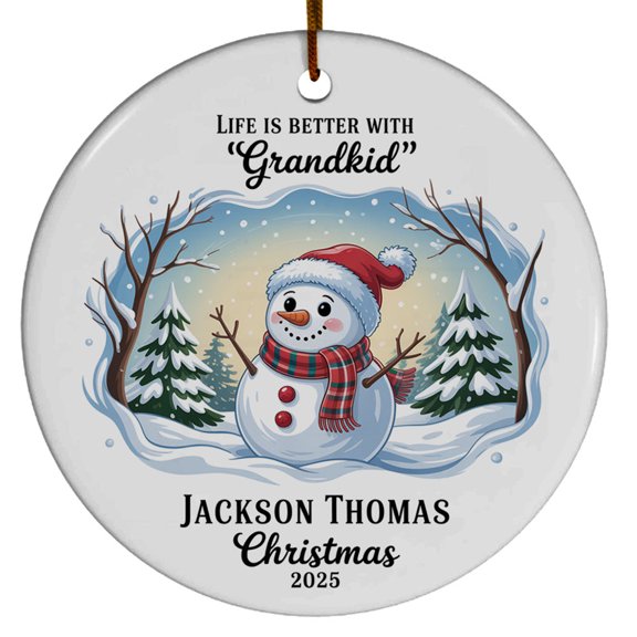 Life Is Better With 1 Grandkid Snowman Christmas Ornament Gift, Customized Date Name, Christmas 2025, Christmas Ornament, Circle Christmas Ornament, Hanging Christmas Ornament