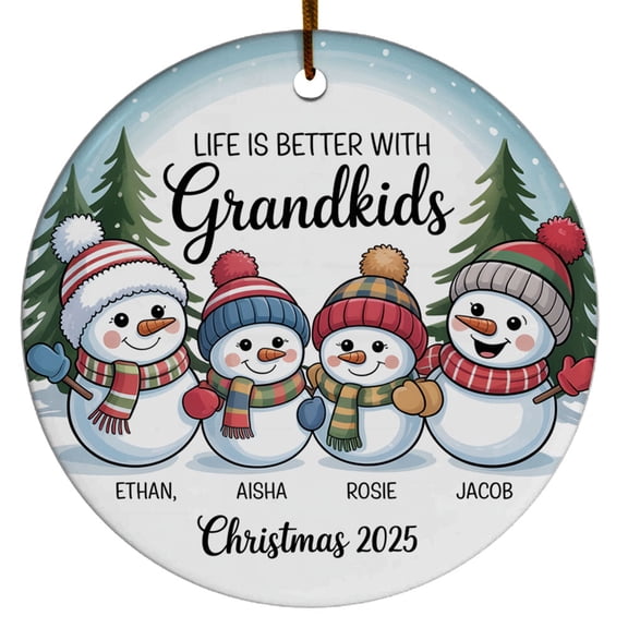 Life is Better with 4 Grandkids Christmas Ornament Gift, Four Grandkids Snowman Christmas Ornament, Custom Name Text & Names Snowman Christmas Ornament Gift for Grandkids