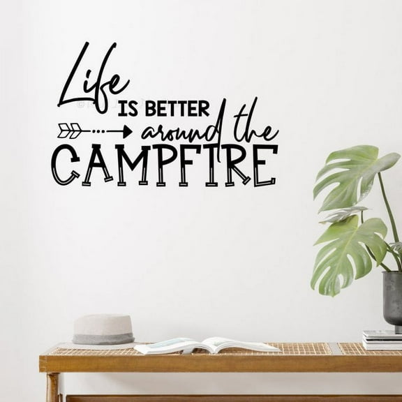 Life Better Around Campfire Camper Wall Decor Stickers RV Summer Quote Decals 23x15-Inch Black