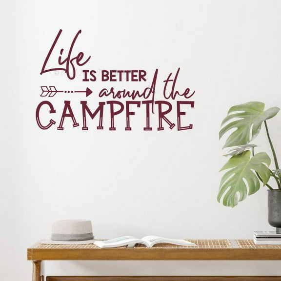 Life Better Around Campfire Camper Wall Decor Stickers RV Summer Quote Decals 23x15-Inch Burgundy