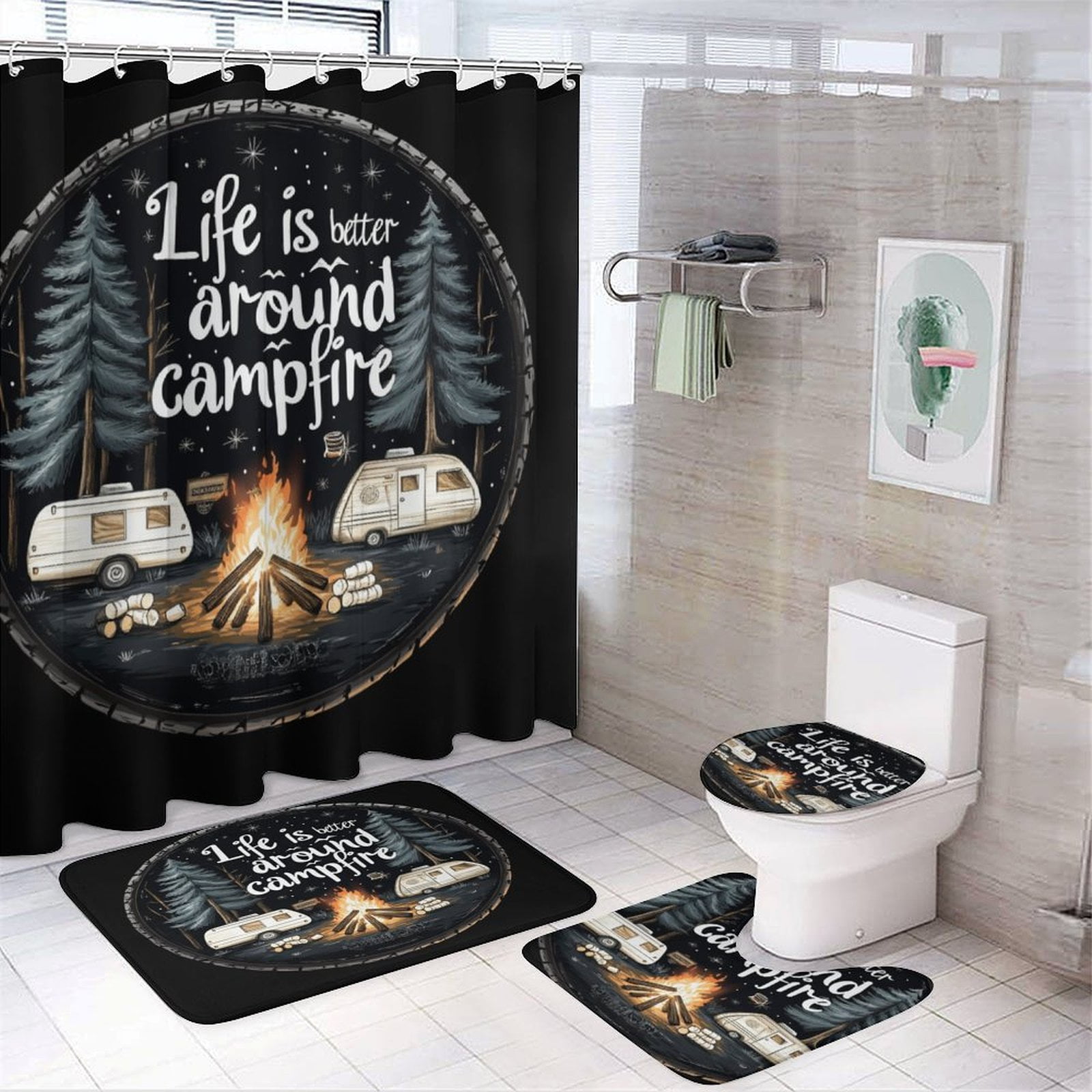Life Is Better Around The Campfire Shower Curtain Sets 4 Piece with Non-Slip Rugs Toilet Lid Cover And Bath Mat Summer Camping Campfire Waterproof Personality Pattern Bath Curtain for Bathroom Decor