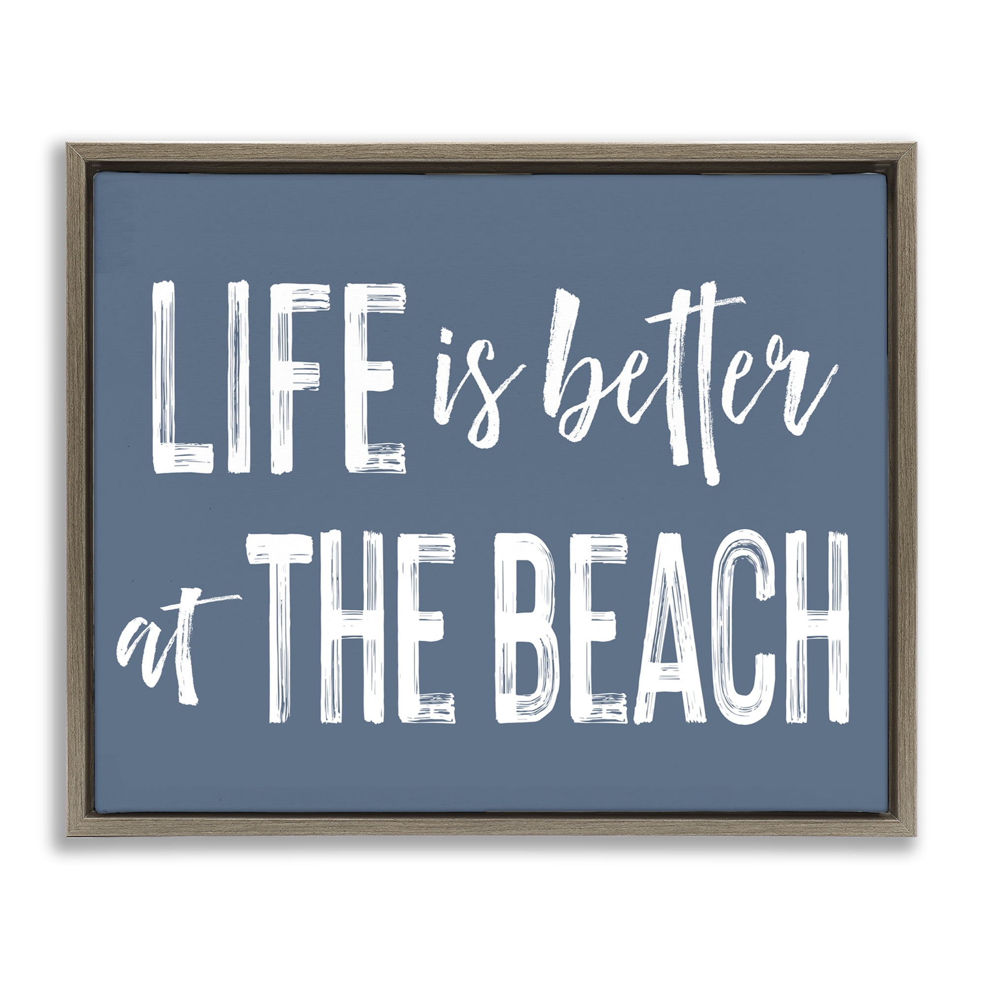 Life Better At Beach Blue Brown Framed Floater Canvas Wall Art, design by Lettered and Lined