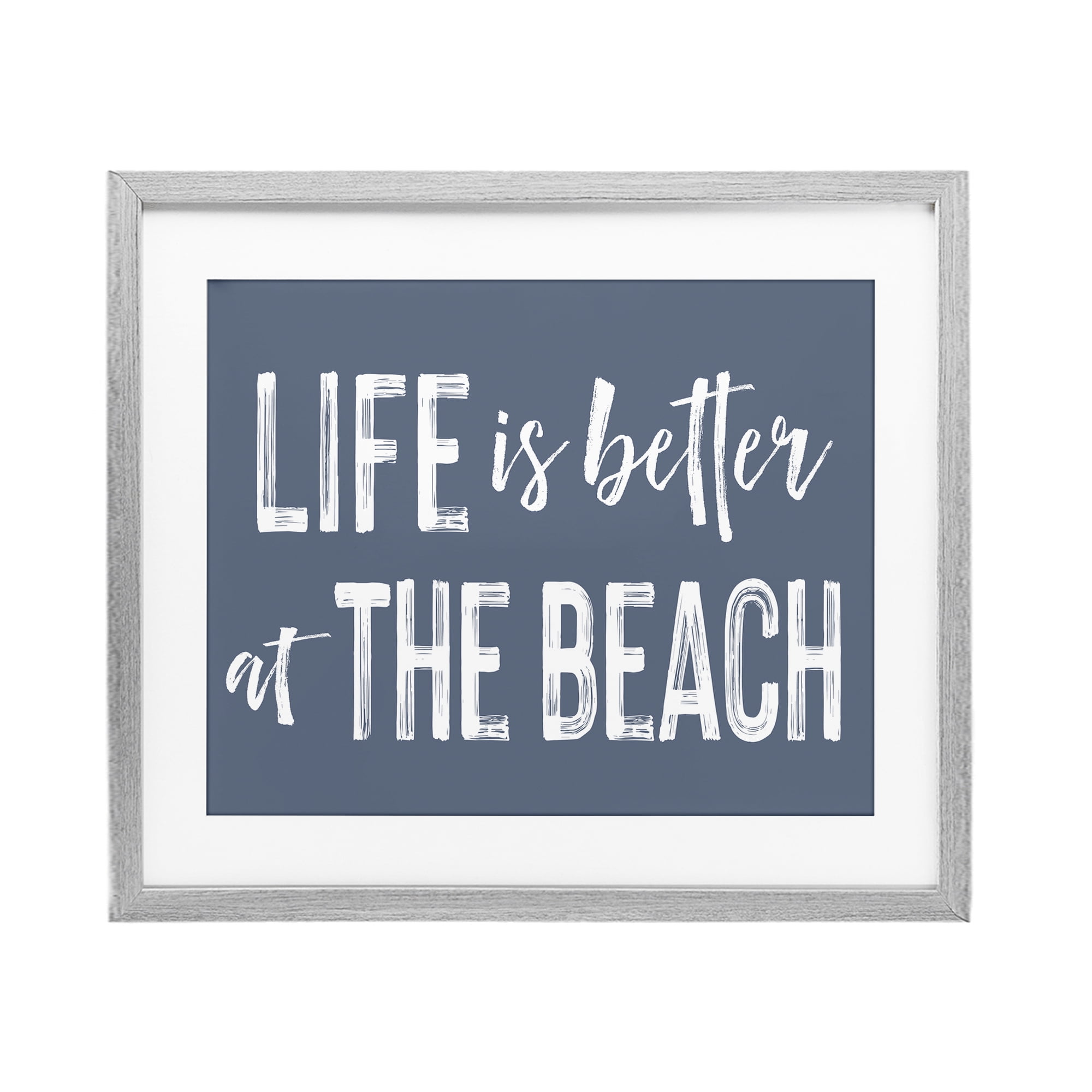 Life Better At Beach Blue Gray Framed Print Under Glass, design by Lettered and Lined