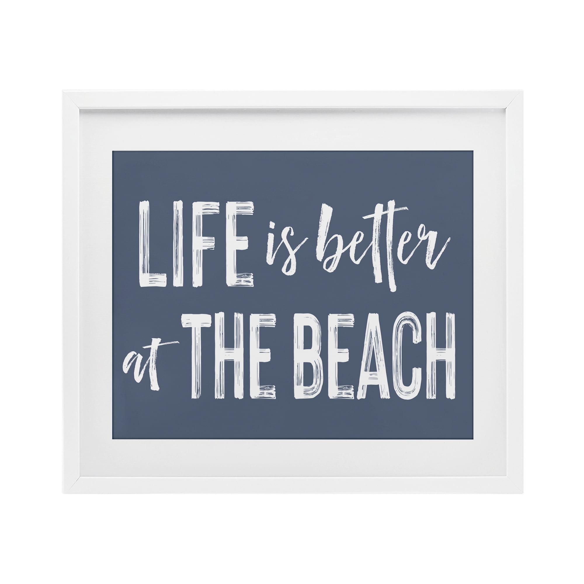 Life Better At Beach Blue White Framed Print Under Glass, design by Lettered and Lined