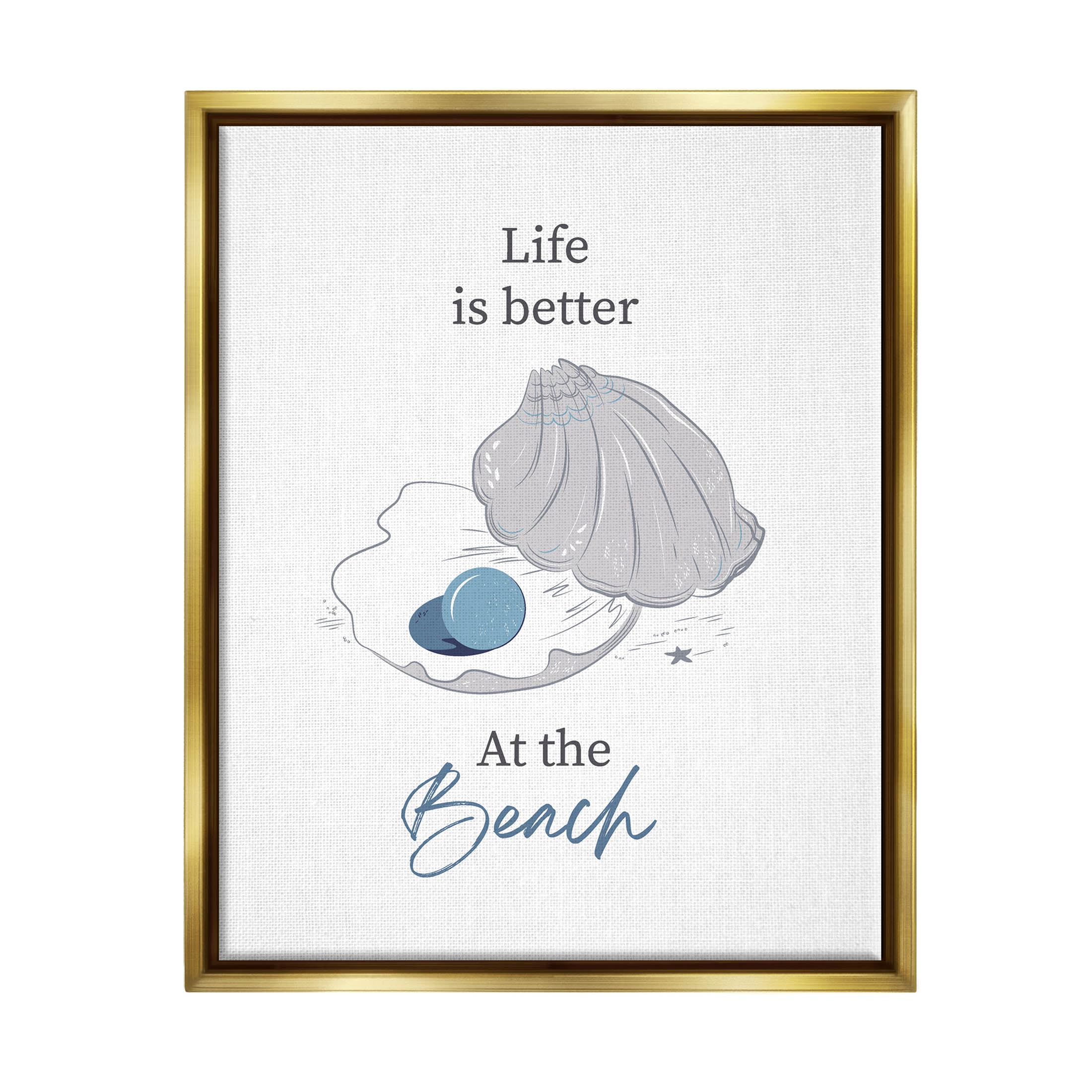 Life Better At Beach Clam Pearl Animals & Insects Graphic Art Metallic Gold Framed Art Print Wall Art