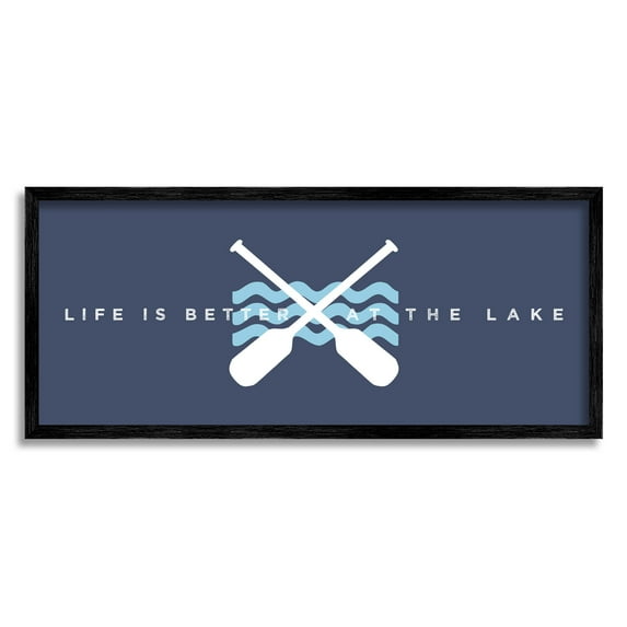 Life Better At Lake Crossed Oars Typography Graphic Art Black Framed Art Print Wall Art