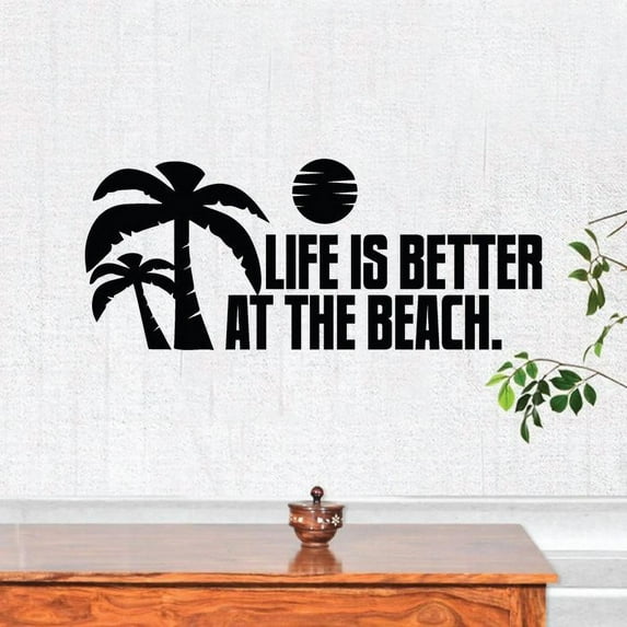 Life Is Better At The Beach - Beach Quotes Beautiful Sunset Silhouette Vinyl Wall Sticker Wall Art Wall Decal Beach Area Ocean Vibes Design Beach House Home Decor Sticker Decoration Size (24x40 inch)