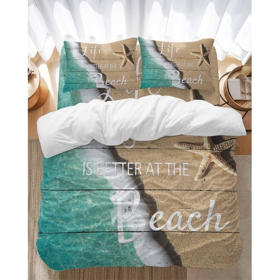 Life Is Better at The Beach Bedding Duvet Cover Set Twin Size 4 Pieces Starfish Beach Ocean Vacation Bedding Set with Zipper Closure, 1 Comforter Cover 68x86 Inches 1 Flat Sheet & 2 Pillow Cases