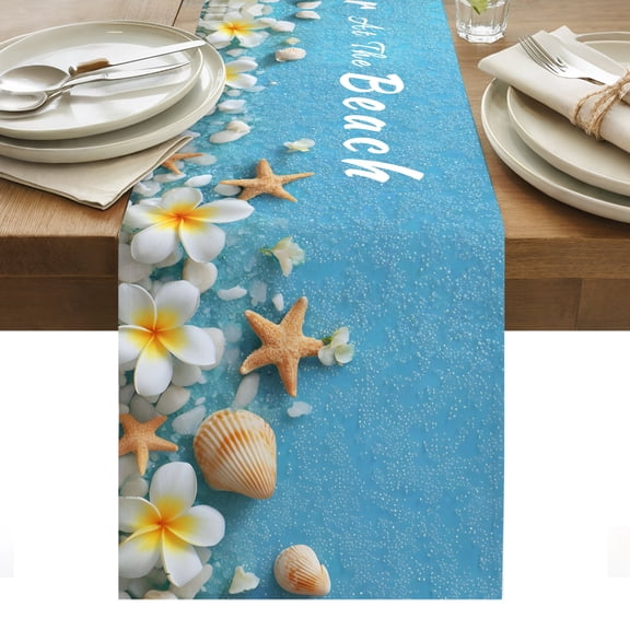 Life Is Better At The Beach Cotton Linen Table Runner Summer Blue Ocean Starfish Flower Seashell Dining Table Runners for Home Decor Party Dining Room Restaurant Kitchen Party 13" x 36"