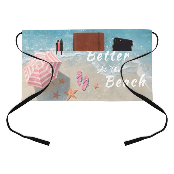 Life Is Better At The Beach Kitchen Restaurant Half Waist Apron, Summer Sea Umbrella Slippers Starfish Server Short Apron with 3 Pockets Waterproof Oil Waist Aprons for Women Waitress Waiter