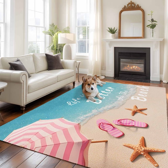 Life Is Better At The Beach Large Area Rugs 8x10 ft Summer Ocean Umbrella Slippers Starfish Washable Rug Non Slip Indoor Carpet Absorbent Floor Mat for Living Room Bedroom Dining Room