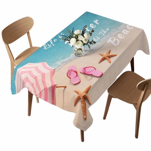 Life Is Better At The Beach Rectangle Tablecloth Summer Ocean Umbrella Slippers Starfish Waterproof Wrinkle Free Soft Table Cloth Spill-Proof Washable Table Cover for Dining Party Picnic 60 x 84 Inch