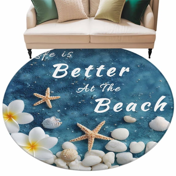 Life Is Better At The Beach Round Area Rug 5 ft Summer Ocean Starfish Flower Seashell Washable Rugs for Living Room, Non Slip Soft Carpet for Bedroom Entryway Dining Room