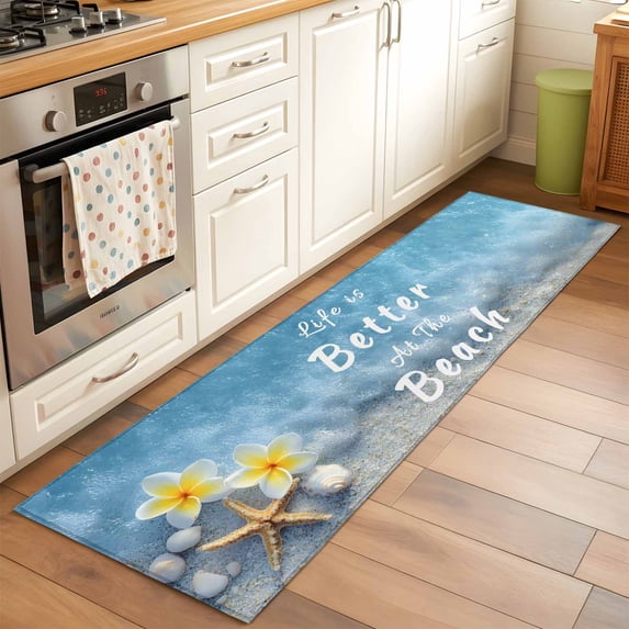 Life Is Better At The Beach Runner Rugs 2x6 ft Summer Ocean Starfish Flower Washable Hallway Rugs Non-Slip Floor Mats Absorbent Carpet Bedside Runners for Bedroom Kitchen Bathroom Laundry Room