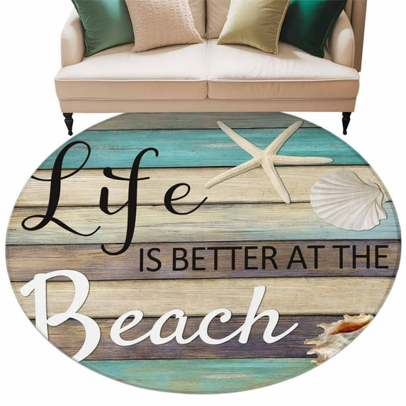 Life Is Better at The Beach Washable Area Rug 5 ft Wood Grain Starfish Shell Summer Soft Round Rugs for Living Room, Non Slip Carpet for Bedroom Entryway Dining Room