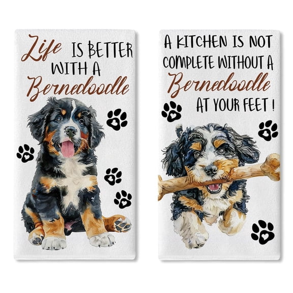 Life is Better with a Bernedoodle Kitchen Dish Towels Set of 2, Drying Hand Towel Baking Cooking Cloth Pet Dog Owner Lover Gifts, Paw Prints Bone Restaurant Dinner Room Home Decor 18''x26''