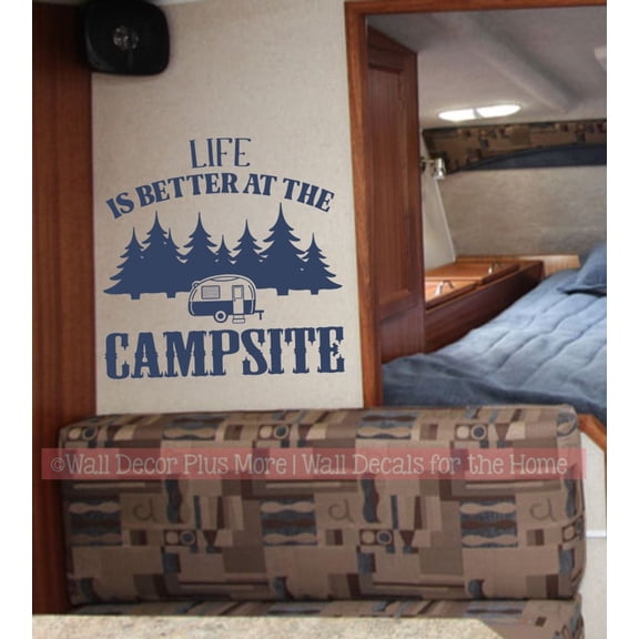 Life Better at Campsite Vinyl Camper Decals - Removable Wall Lettering Decals for RV Trailers - RV Camper Decals Sayings for Wall Decor - Die-Cut Vinyl Graphics for RV, 23x23-Inch, DeepBlue