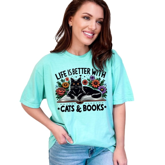 Life is Better with Cats and Books T-Shirt, Cute Cat Lover Tee, Reading Enthusiast Shirt, Fun Pet Lover Gift Idea, Colorful Floral Design, Chalky Mint Comfort Colors T-Shirt, XL