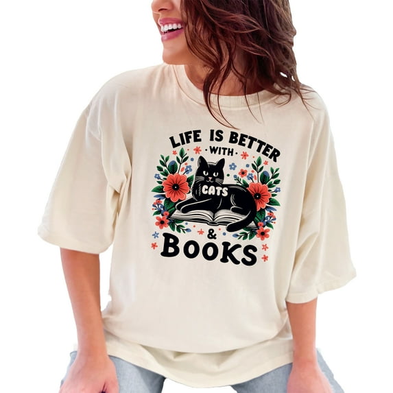Life is Better with Cats and Books T-Shirt, Perfect Gift for Book Lovers and Cat Enthusiasts, Unique Cat and Book Design Tee, Ivory Comfort Colors T-Shirt, Small