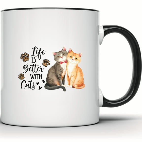 Life is Better With Cats Mug - Cat Lover Gift, Watercolor Cat Mug, Cat Mom & Dad Mug, Cute Animal Pet Owner Coffee Mug - 11 Ounce Black Rim Handle Novelty Coffee Cup - WMUG1705-BLK