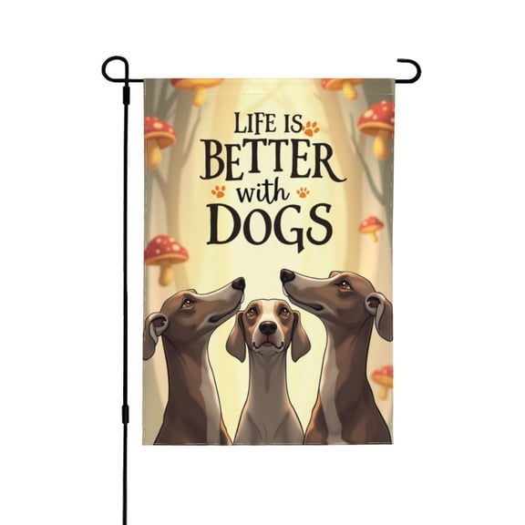 Life Is Better With Dogs Garden Flag 12x18 Inch Double Sided – Whimsical Mushroom & Forest Design, Spring Summer Outdoor Yard Decoration For Porch, Lawn & Patio