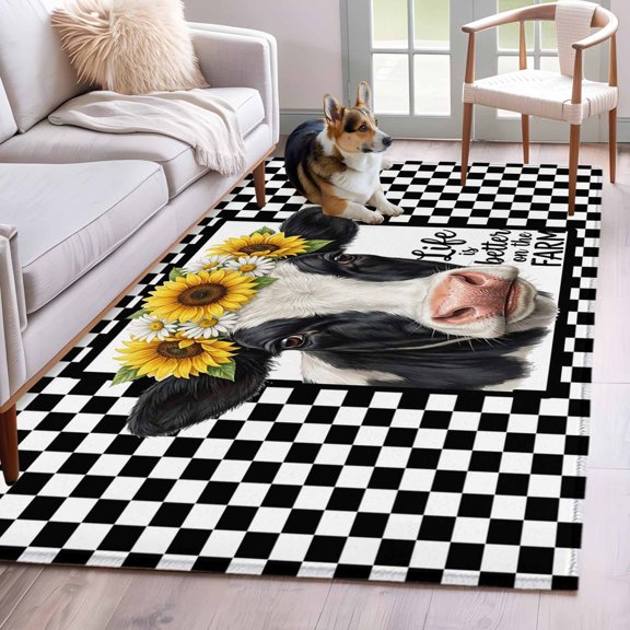 Life Is Better on The Farm Area Rugs 3x5 ft Rustic Cow Sunflower Black White Plaid Washable Rug Non Slip Indoor Carpet Absorbent Floor Mat for Living Room Bedroom Dining Room