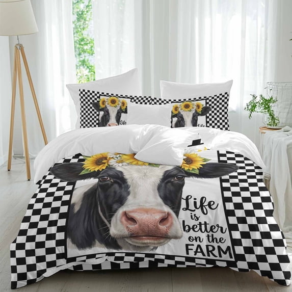 Life Is Better on The Farm Twin Size Comforter Set, Rustic Cow Sunflower Black White Plaid Bedding for All Seasons, 4 Pcs Bed Set, 1 Quiltcover (68"x86") ,1Sheet(67"x116"), 2Pillowcases (30"x20")