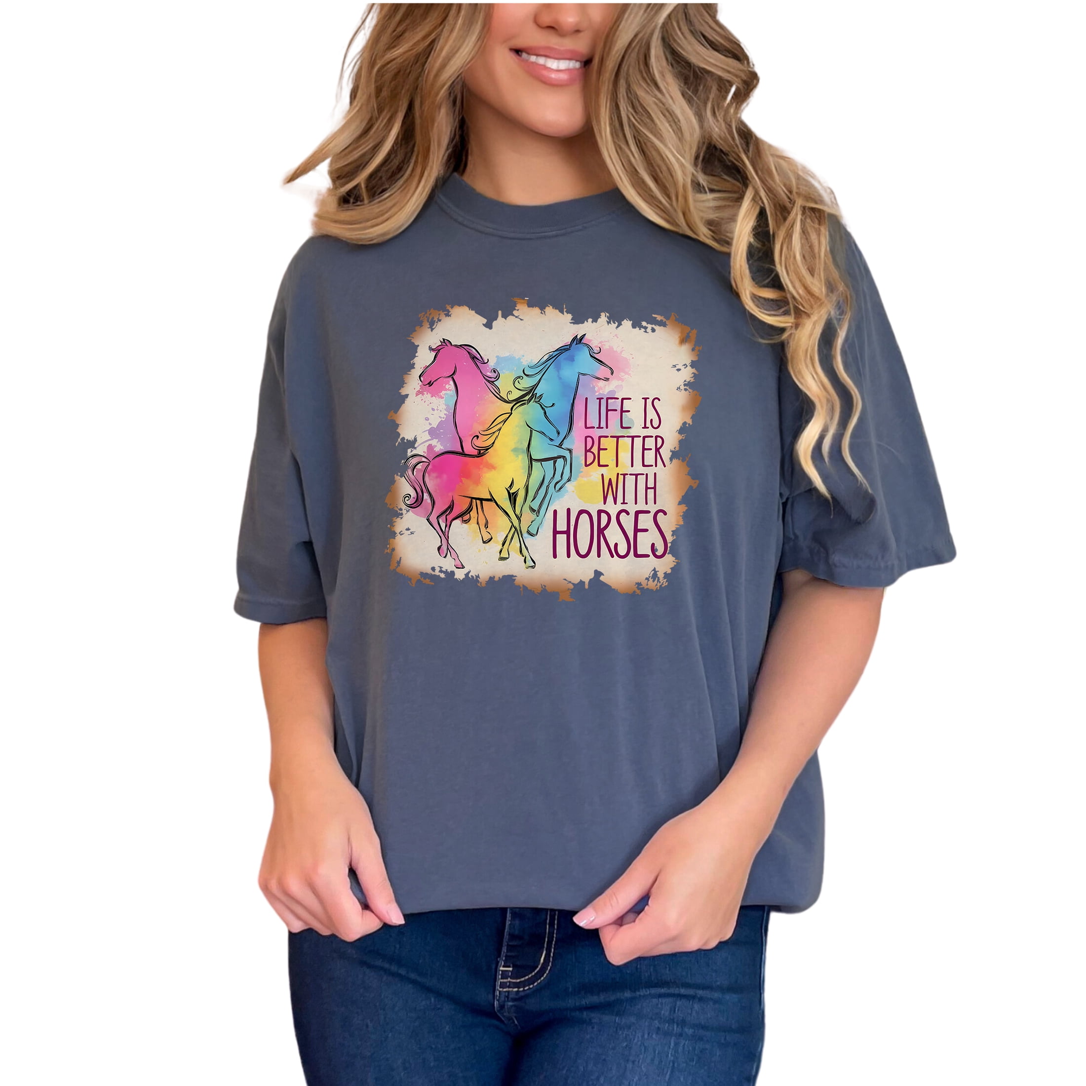 Life is Better with Horses Rainbow Graphic T-Shirt, Colorful Equestrian Tees, Horse Lovers Shirt, Artistic Horse Print Top, Denim Comfort Colors T-Shirt, Large