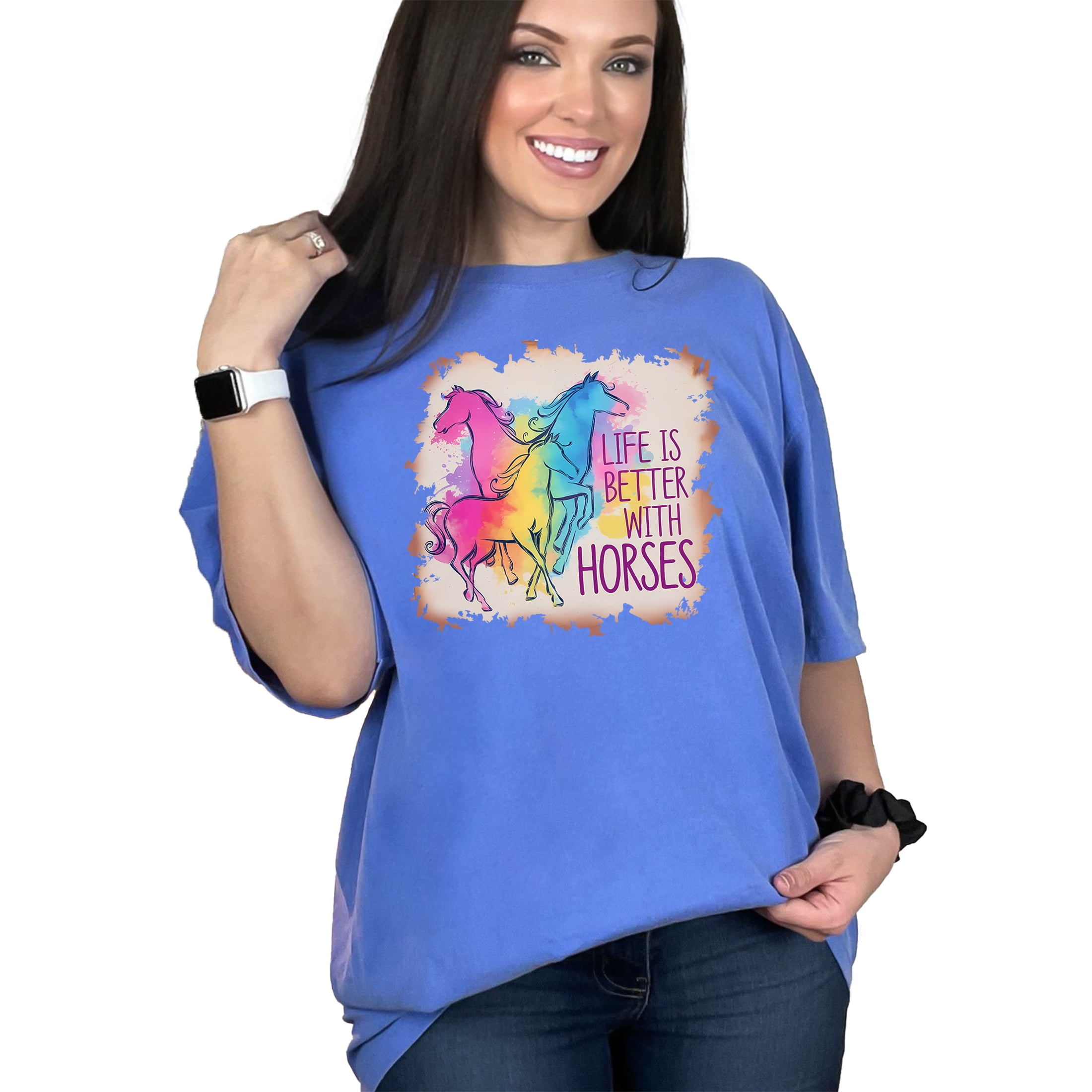 Life is Better with Horses Rainbow Graphic T-Shirt, Colorful Equestrian Tees, Horse Lovers Shirt, Artistic Horse Print Top, Flo Blue Comfort Colors T-Shirt, 2XL