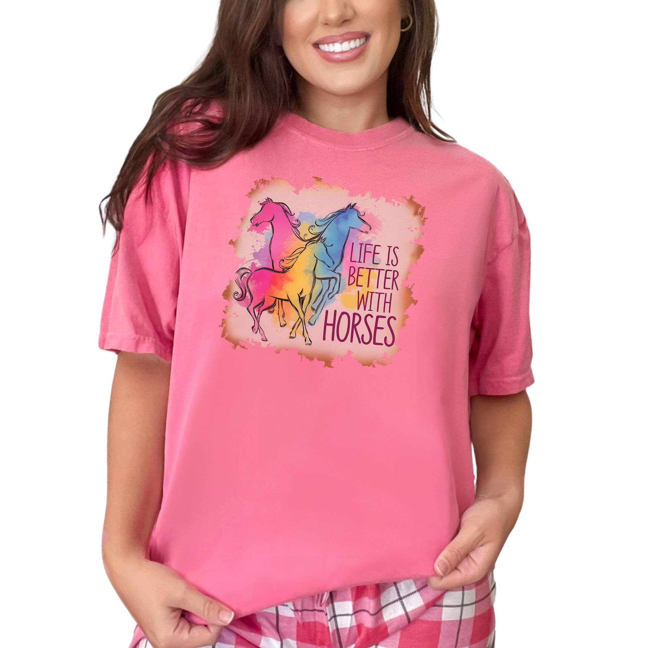 Life is Better with Horses T-Shirt, Colorful Horse Graphic Tee, Equestrian Lover Gift, Unique Horse Art Shirt, Horse Enthusiast Top, Crunchberry Comfort Colors T-Shirt, XL