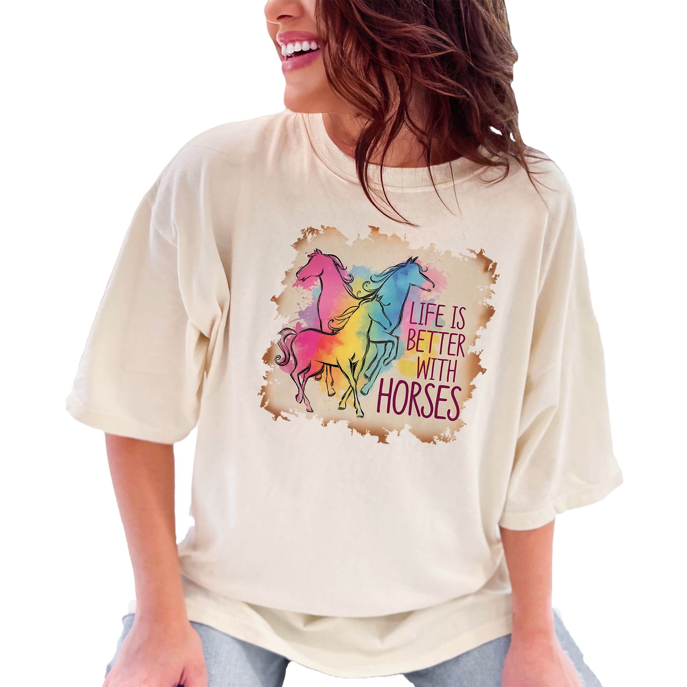 Life is Better with Horses T-Shirt, Colorful Horse Graphic Tee, Equestrian Lover Gift, Unique Horse Art Shirt, Horse Enthusiast Top, Ivory Comfort Colors T-Shirt, Medium