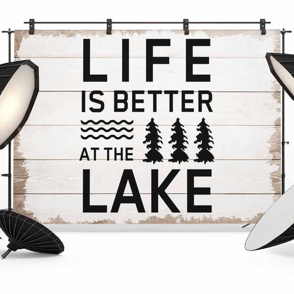 Life Is Better at The Lake Backdrop for Photoshoot,Photography Photo Studio Background Wall Backdrop,Rustic Black Artistic Aesthetics Back Drop Banner Panel for Portraits Wedding Party 12x8Ft