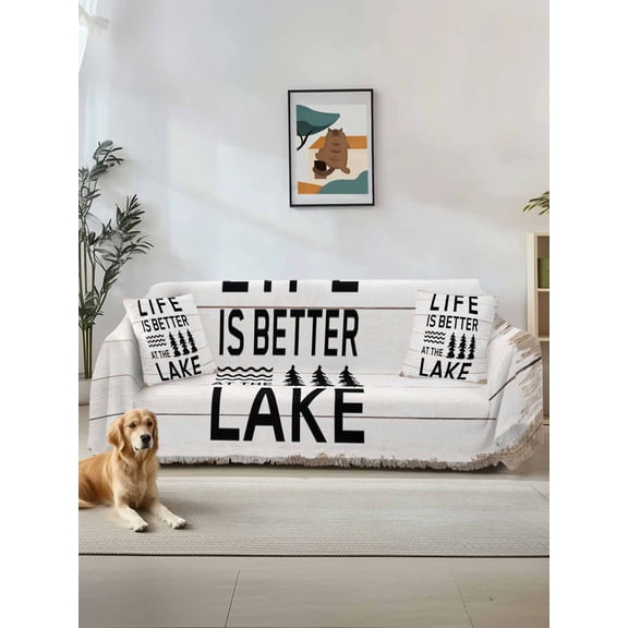 Life Is Better at The Lake Couch Cover Sofa Covers 3 Cushion Sectional Couch, Rustic Black Artistic Aesthetics Washable Sofa Covers Slipcover Sectional Sofa Cover, Furniture Protector 71"x150"