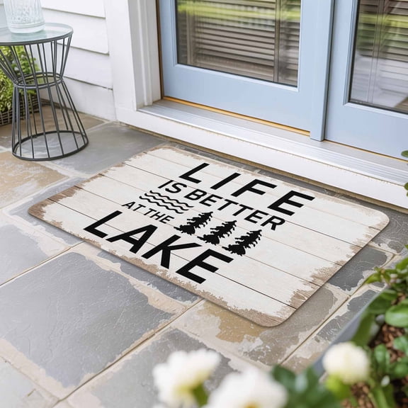 Life Is Better at The Lake Door Mat Indoor Outdoor,Rustic Black Artistic Aesthetics Non Slip Welcome Mat with Rubber Backing,Absorbent Fabric Front Door Mats Entryway Rug for Home Entrance 16"x24"