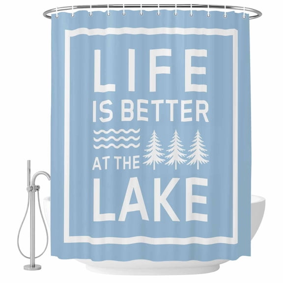 Life Is Better at The Lake Fabric Shower Curtain Blue Text Washable Shower Curtains for Bathroom, Waterproof Bath Curtain with Hooks Home Decor 36x72in