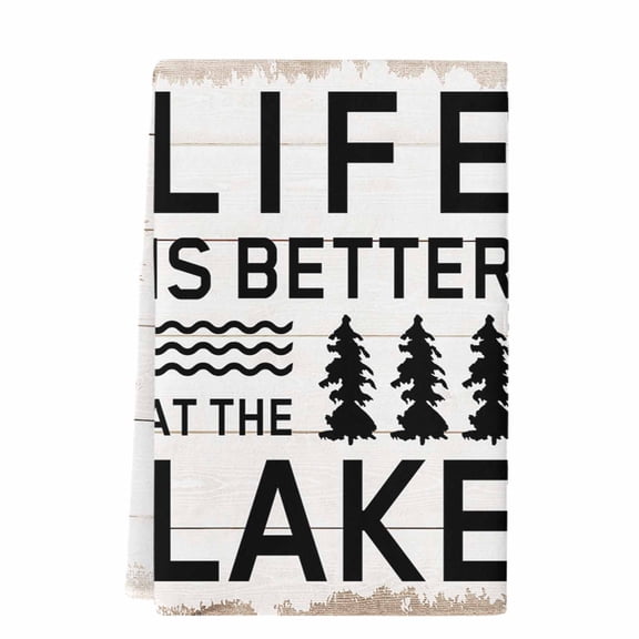 Life Is Better at The Lake Kitchen Towels Set of 1,Absorbent Microfiber Dish Tea Towels with Hanging Loop,Rustic Black Artistic Aesthetics Resuable Hand Towel for Home Kitchen Cleaning 18"x28"