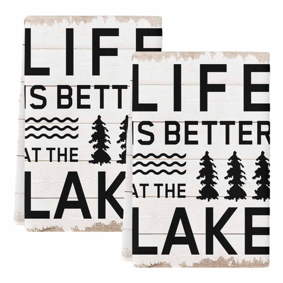 Life Is Better at The Lake Kitchen Towels Set of 2,Absorbent Microfiber Dish Tea Towels with Hanging Loop,Rustic Black Artistic Aesthetics Resuable Hand Towel for Home Kitchen Cleaning 18"x28"