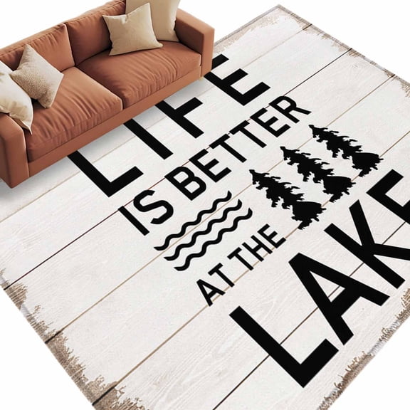 Life Is Better at The Lake Large Area Rugs for Bedroom Living Room, Soft Non Slip Carpet Bedside Rug, Rustic Black Artistic Aesthetics Rectangular Floor Cover Kitchen Accent Rug 6'x9' for Office