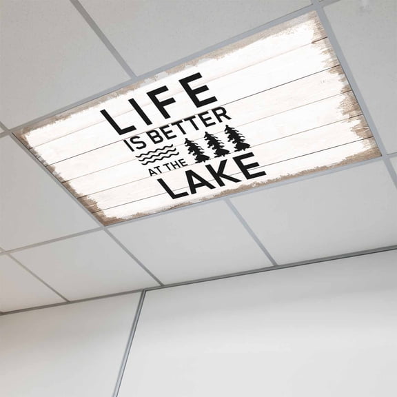 Life Is Better at The Lake Magnetic Fluorescent Light Covers for Ceiling Lights 2x4Ft, Rustic Black Artistic Aesthetics Office Classroom Kitchen Drop Ceiling Light Covers Filters Shade Panel 1 Pack
