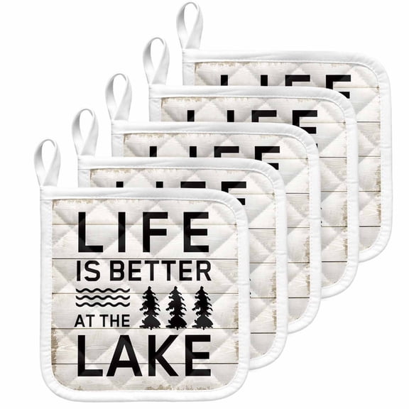 Life Is Better at The Lake Pot Holders for Kitchen Heatproof Potholder, 5 Pack Rustic Black Artistic Aesthetics Hot Pads Multipurpose Oven Pads Cloth Potholders Trivet for Cooking Baking
