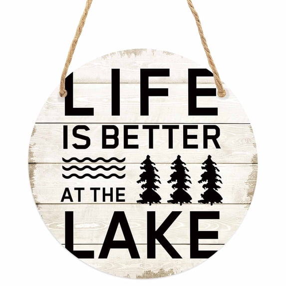 Life Is Better at The Lake Round Front Door Welcome Sign, 5.9 Inch Wall Hanging Decor for Indoor Outdoor, Rustic Black Artistic Aesthetics Home Porch Hanger Decorations for Holiday Gift
