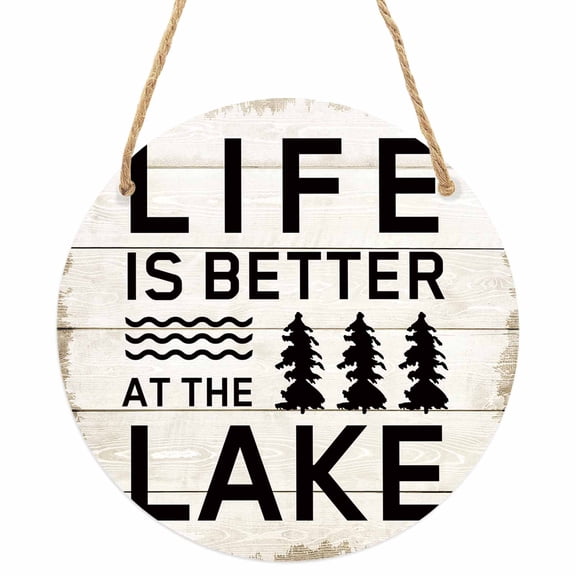 Life Is Better at The Lake Round Front Door Welcome Sign, 5.9 Inch Wall Hanging Decor for Indoor Outdoor, Rustic Black Artistic Aesthetics Home Porch Hanger Decorations for Holiday Gift