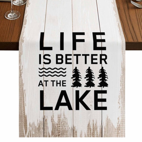 Life Is Better at The Lake Short Table Runner 36 Inches Long,Rustic Black Artistic Cotton Linen Table Runners Dresser Scarves,Tabletop Scarf Furniture Cover for Home Dinner Party Decor 13"x36"