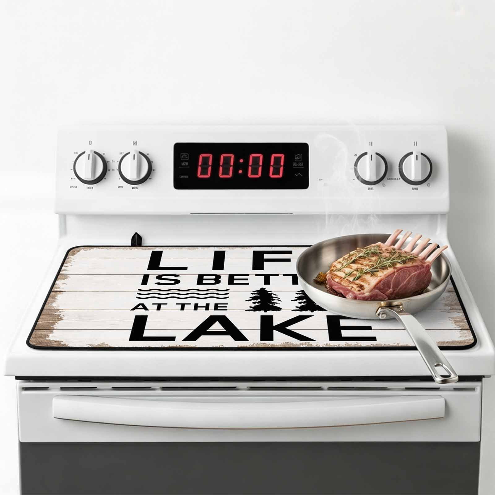Life Is Better at The Lake Stove Top Cover for Electric Stove, Heat-proof & Non Slip Glass Top Stove Cover Protector, Rustic Black Artistic Aesthetics Kitchen Flat Cooktop Rubber Mat 24x21 Inches