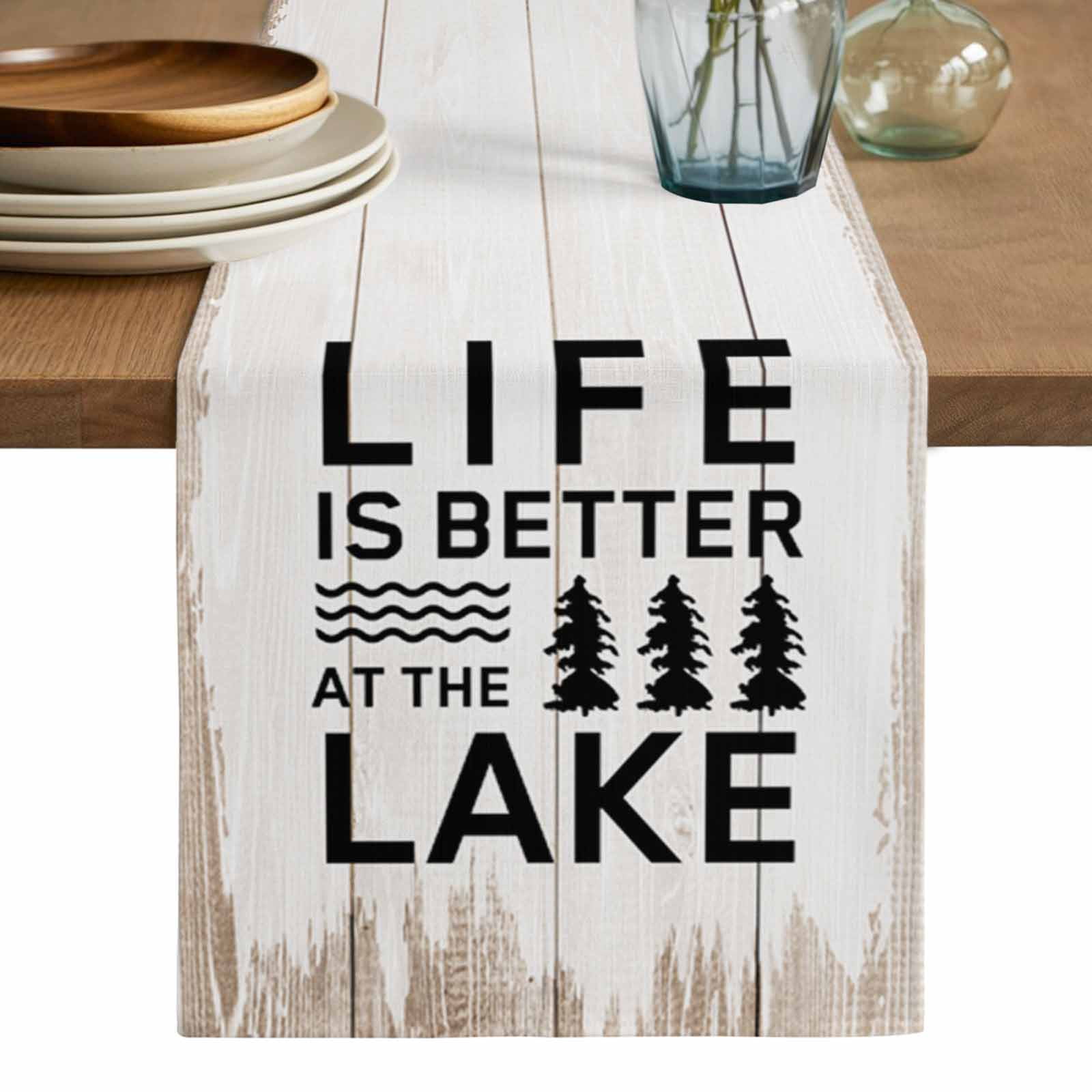 Life Is Better at The Lake Table Runner, Rustic Black Artistic Aesthetics Washable Cotton Linen Table Runners 90 Inches Long, Dresser Scarf Runner for Dining/Coffee/Kitchen/Hallway Tables 13''x90''