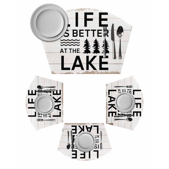 Life Is Better at The Lake Wedge Shaped Placemats Set of 2,Cotton Linen Fan Place Mats,Rustic Black Artistic Aesthetics Washable Table Mats for Holiday Wedding Party Dinning Coffee Tables 11.8"x17.5"
