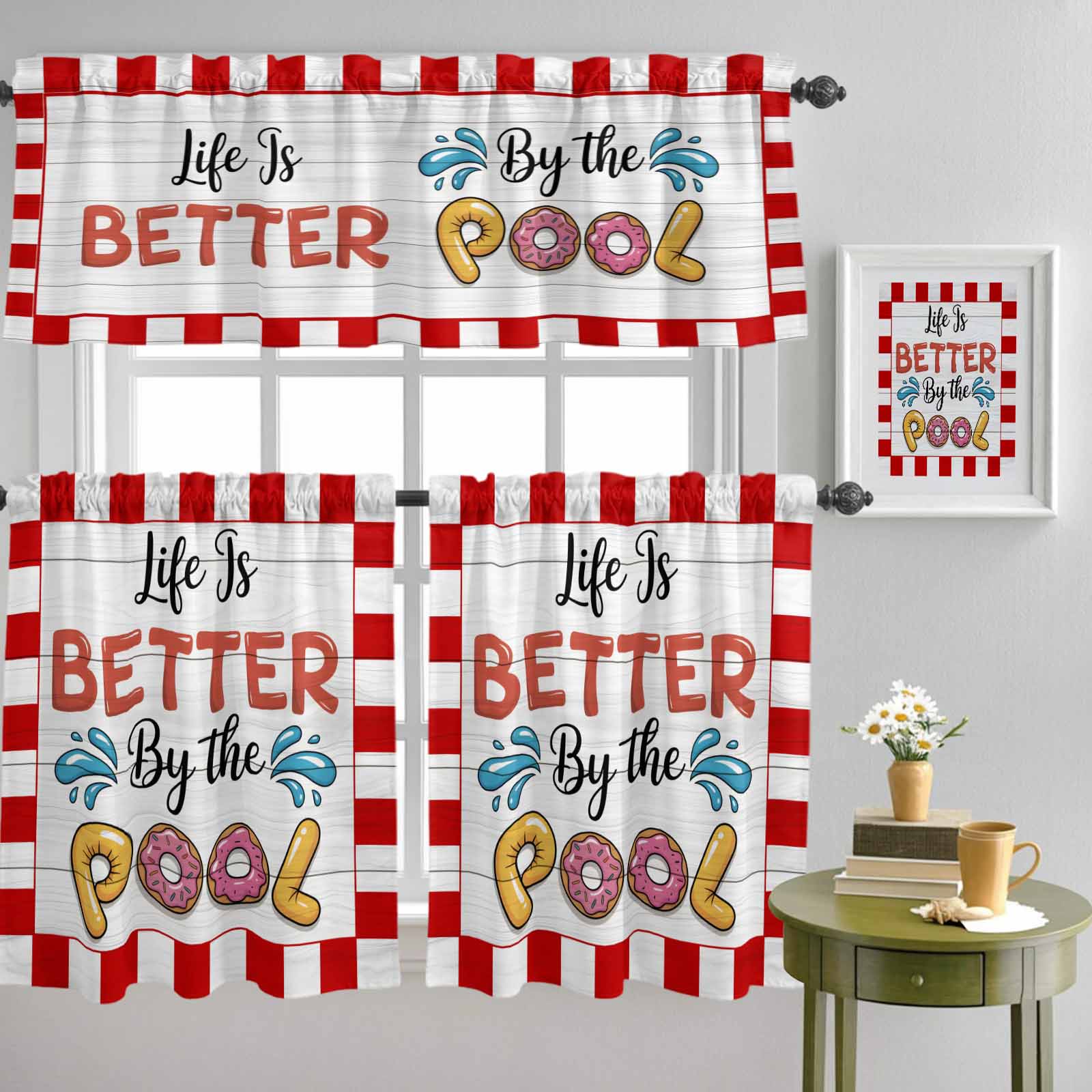 Life Is Better by The Pool Curtain Tier and Valance Set 3 Piece, Red ...